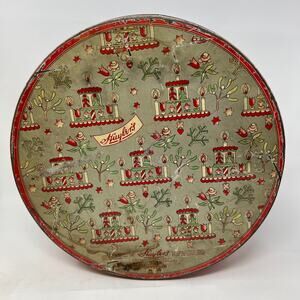 Vintage 30s Huylers Christmas Candy Tin Round Metal Primitive Cottage Farmhouse